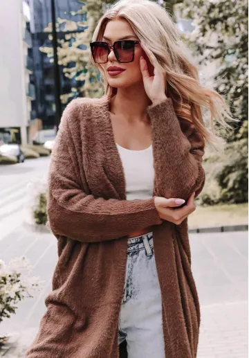Kardigan damski Lovable, długi sweter alpaka, brązowy