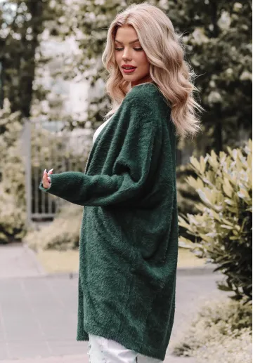 Kardigan damski Lovable, długi sweter alpaka, butelkowa zieleń