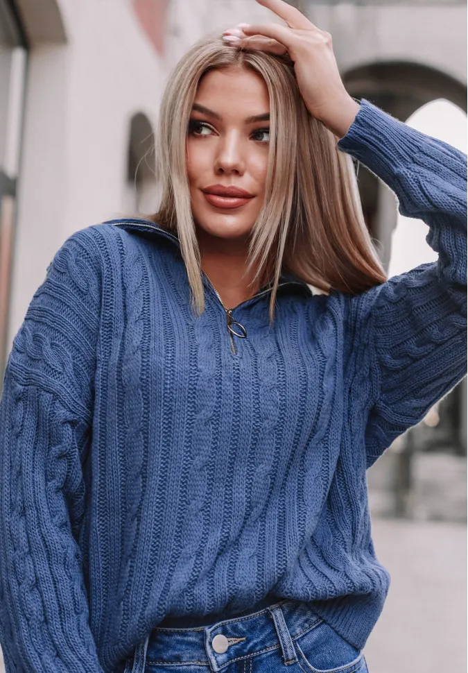 Sweter damski z suwakiem Ann, niebieski, navy 1