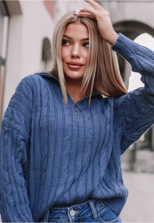 Sweter damski z suwakiem Ann, niebieski, navy 1