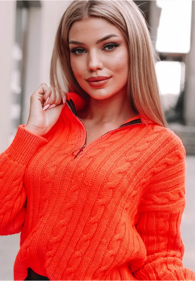Sweter damski z suwakiem Ann, pomarańczowy, neon 1