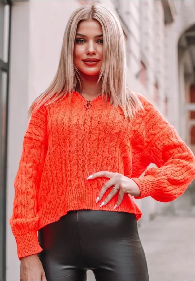 Sweter damski z suwakiem Ann, pomarańczowy, neon 4