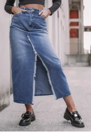 Spódnica jeansowa z rozcięciem Raw, ciemno niebieska