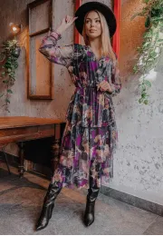 Wzorzysta sukienka z falbankami Memphis fioletowa