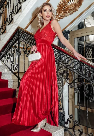Długa satynowa sukienka z plisowanym dołem Majestic czerwona 1