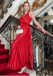 Długa satynowa sukienka z plisowanym dołem Majestic czerwona