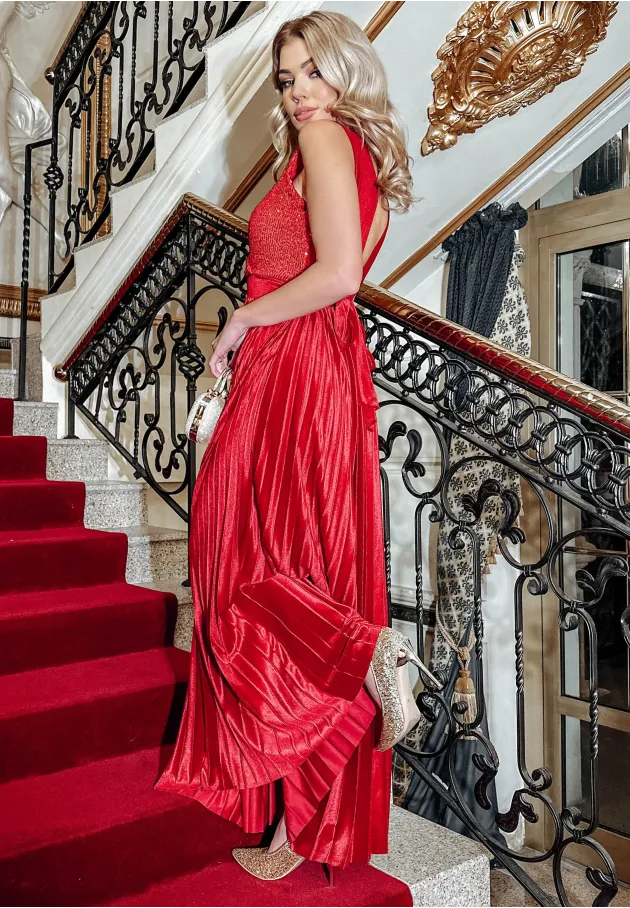Długa satynowa sukienka z plisowanym dołem Majestic czerwona 2
