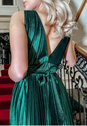 Długa satynowa sukienka z plisowanym dołem Majestic zielona 4