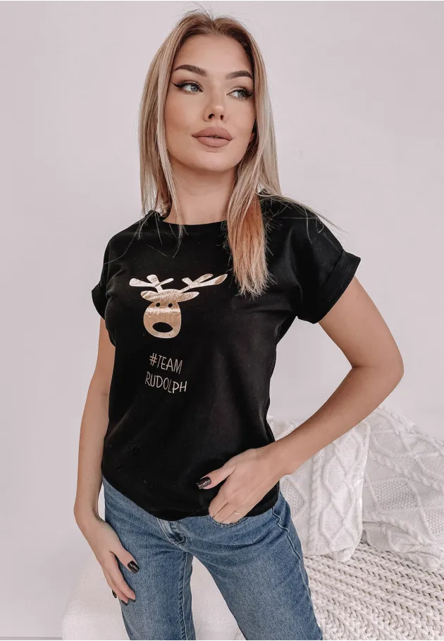 T-shirt ze złotym nadrukiem Rudolph czarny 1