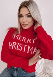 Świąteczny sweter z golfem Merry Christmas czerwony 3