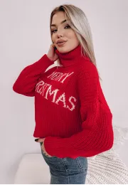 Świąteczny sweter z golfem Merry Christmas czerwony 7