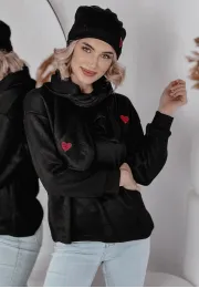 Komplet 3w1 bluzka, szal, czapka z serduszkami Lovato czarny