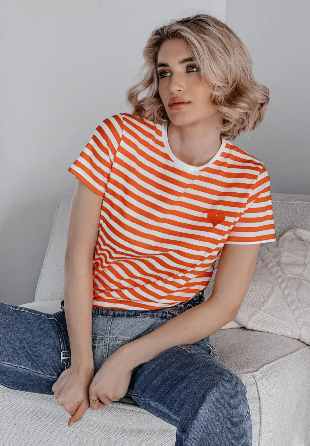 T shirt damski w paski Striped Heart pomarańczowy 4