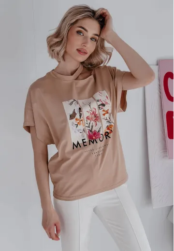 T-shirt z nadrukiem Memory Flowers beżowy 4