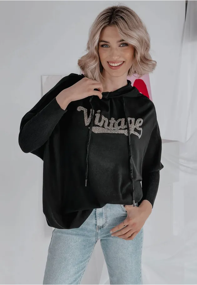 Dzianinowy sweter z kapturem Vintage czarny 6