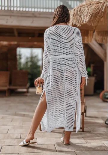 Openwork beach throw with fringe Relax white 3