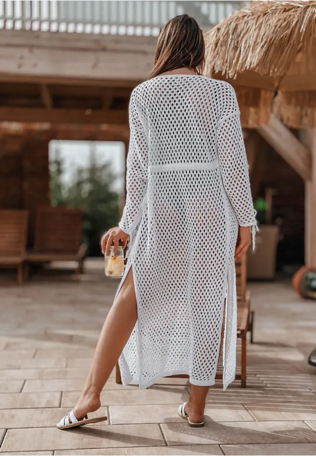 Openwork beach throw with fringe Relax white 3