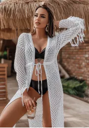 Openwork beach throw with fringe Relax white 2