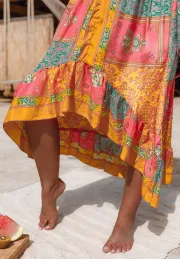 Długa wzorzysta sukienka indyjska pomarańczowa z falbaną Indie 7