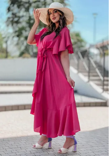 Różowa sukienka midi z falbanami i krótkim rękawem Nala 6