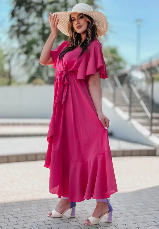 Różowa sukienka midi z falbanami i krótkim rękawem Nala 6