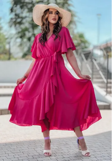 Różowa sukienka midi z falbanami i krótkim rękawem Nala 1