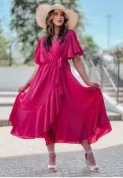 Różowa sukienka midi z falbanami i krótkim rękawem Nala
