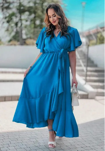 Niebieska sukienka midi z falbanami i krótkim rękawem Nala 2