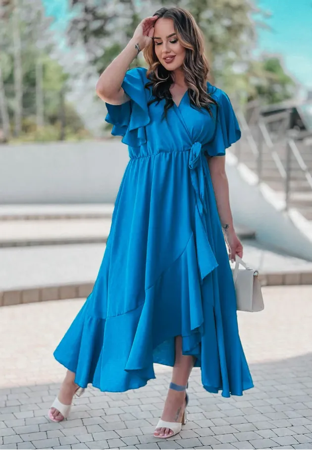 Niebieska sukienka midi z falbanami i krótkim rękawem Nala 5