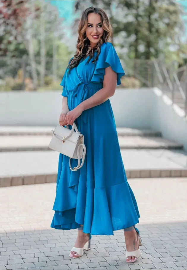 Niebieska sukienka midi z falbanami i krótkim rękawem Nala 3