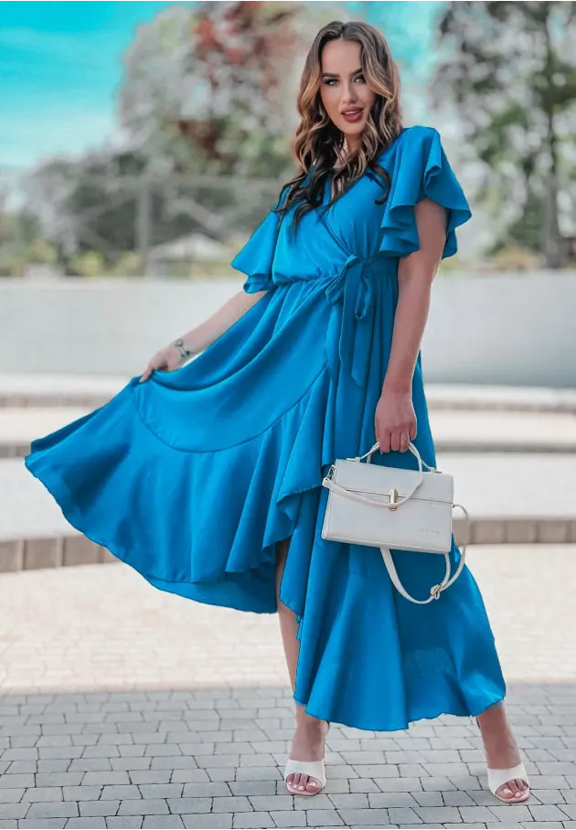 Niebieska sukienka midi z falbanami i krótkim rękawem Nala 1
