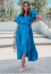 Niebieska sukienka midi z falbanami i krótkim rękawem Nala 6
