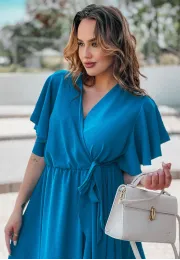 Niebieska sukienka midi z falbanami i krótkim rękawem Nala 7