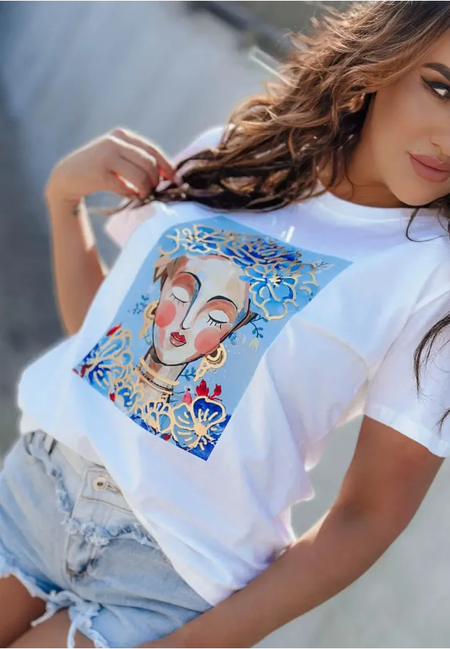 T-shirt z krótkim rękawem i niebieskim nadrukiem Frida 3