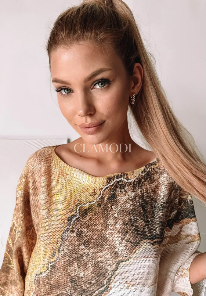 Sweter w marmurkowy wzór Fantasy żółty 1 Sweter w marmurkowy wzór Fantasy żółty 1